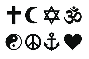 Symbolic Icons Grid. Solid, filled icon set of symbolic and religious signs: cross, crescent, star of David, Om symbol, yin yang, peace sign, anchor, heart.
