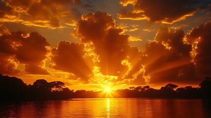 Fiery sunset over a tranquil lake