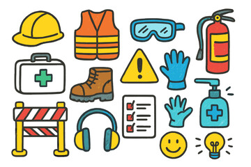 Workplace Safety Doodles. Colorful Hand-drawn doodle Children illustration Workplace Safety hard hat, safety vest, goggles, warning sign, gloves,