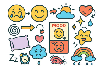 Fototapeta premium Emotional Doodle Icons. Colorful Hand-drawn doodle Children illustration Mood swings crying face, smiling face, emoji switch, cloudy sun, heart flip, sparkle