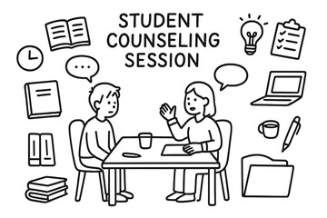 Fototapeta premium Student Counseling Doodles. Hand-drawn doodle illustration Student Counseling Session [student, mentor, table, chair, speech bubble, notebook, books, calendar,