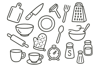 Cozy Kitchen Doodles. Hand-drawn doodle illustration Designing a cozy and functional kitchen Cutting board, Knife, Peeler, Grater, Bowl, Plate, Spoon, Fork,