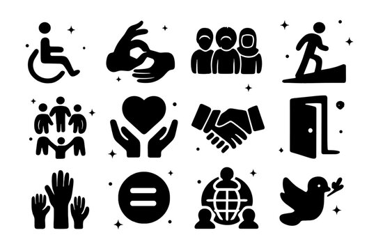 Inclusion Icons Set. Inclusion. Solid icons set of wheelchair symbol, sign language hand, diverse people, accessible ramp, inclusive circle, support heart,