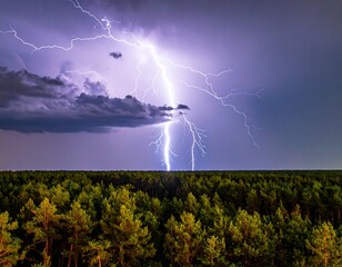 Dramatic lightning strike over a dense forest at twilight