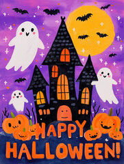 Cute Haunted House with Friendly Ghosts, Colorful Halloween Gouache Painting