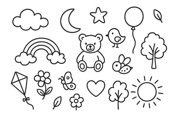 Nursery Wall Doodles. Hand-drawn doodle illustration Nursery wall decals, teddy bear, moon, star, cloud, balloon, rainbow, flower, butterfly, bird, heart,