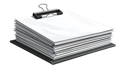 A stack of white papers in a black clipboard