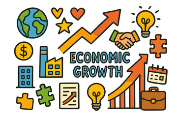 Fototapeta premium Economic Growth Doodles. Economic growth. Colorful Hand-drawn doodle Children illustration chart, arrow, coin, globe, handshake, star, heart, document,
