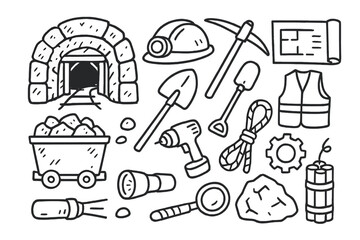 Underground Mining Essentials. Hand-drawn doodle illustration Underground mining tunnel, helmet, pickaxe, shovel, drill, ore cart, flashlight, rope, safety