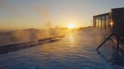 Tranquil thermal spa pool at sunrise offers relaxation and wellness retreat experience