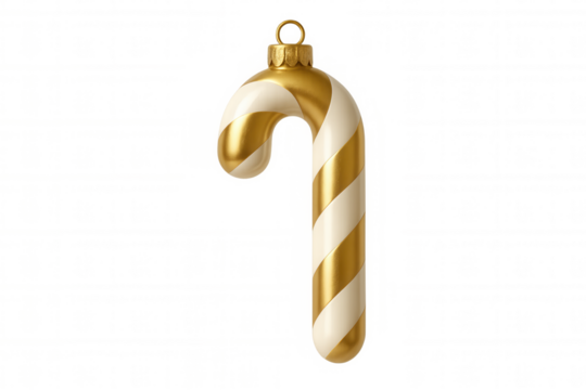 Shiny gold and white striped candy cane ornament with hanging loop on transparent background for christmas design