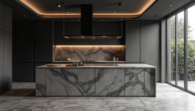 Modern grey kitchen design luxurious marble island unit, sleek cabinetry. Contemporary home interior features elegant stone countertops, dark grey finishes, stainless steel appliances. Minimalist