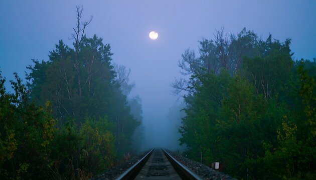 Misty morning train tracks leading into a forest
