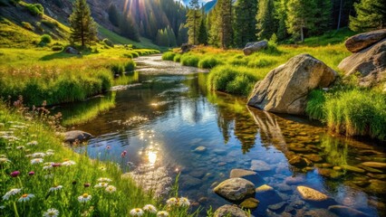 Serene River Scene Sunlight Dappled Water Reflecting Lush Greenery and Majestic Rocks