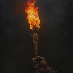 Fiery torch held aloft in the dark