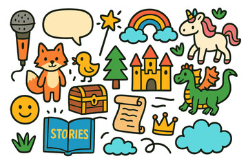 Obraz premium Magical Storytelling Icons. Colorful Hand-drawn doodle Children illustration Storytelling microphone, speech bubble, magic wand, rainbow, unicorn, forest,
