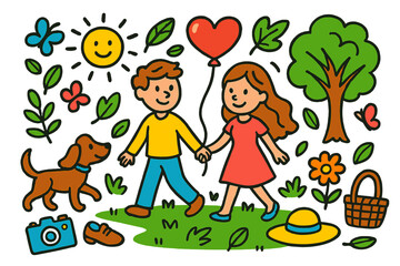 Fototapeta premium Romantic Park Walk. Colorful Hand-drawn doodle Children illustration Romantic Walk in the Park couple walking, leaves, heart-shaped balloon, dog, flower, sun,