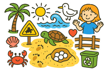 Fototapeta premium Protecting Sea Turtle Nests. Colorful Hand-drawn doodle Children illustration Protecting sea turtle nests [sea turtle, sandy beach, turtle eggs, nest, palm