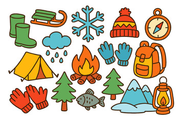 Fototapeta premium Winter Adventure Icons. Colorful Hand-drawn doodle Children illustration Winter Survival [campfire, tent, sled, snowflake, boots, gloves, hat, sun, cloud,