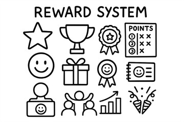 Reward System Icons. Hand-drawn doodle illustration Reward System star icon, trophy, point chart, happy face, gold sticker, badge, ribbon, gift box, notebook,