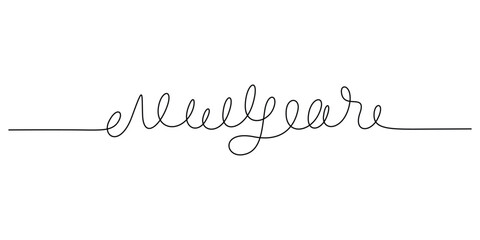 New Year handwritten inscription. Hand drawn lettering. Christmas decorations drawn in one continuous line drawing. Single line drawing of calligraphy. New year concept. Vector illustration