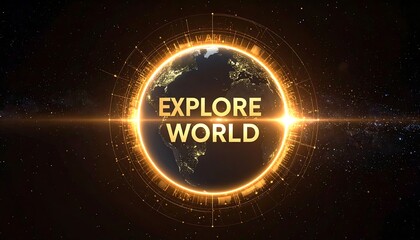 Earth globe, centered, surrounded by golden light, "EXPLORE WORLD" text
