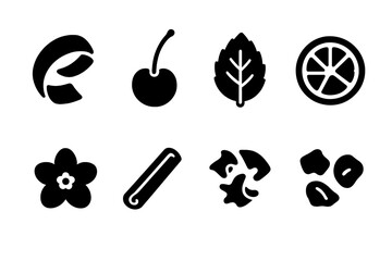 Liqueur Garnish Icons. Solid, filled icon set of liqueur garnishes: lemon twist, cherry, mint leaf, orange slice, edible flower, cinnamon stick, chocolate