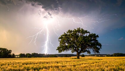 Dramatic lightning strike over a golden field