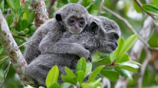 Two infant primates clinging to a tree branch, displaying a tender moment in nature.