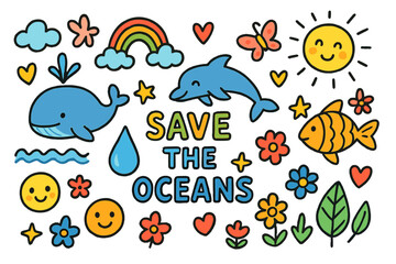 Ocean Doodle Illustration. Colorful Hand-drawn doodle Children illustration Save the Oceans fish, whale, dolphin, water droplet, wave, rainbow, sun, star,