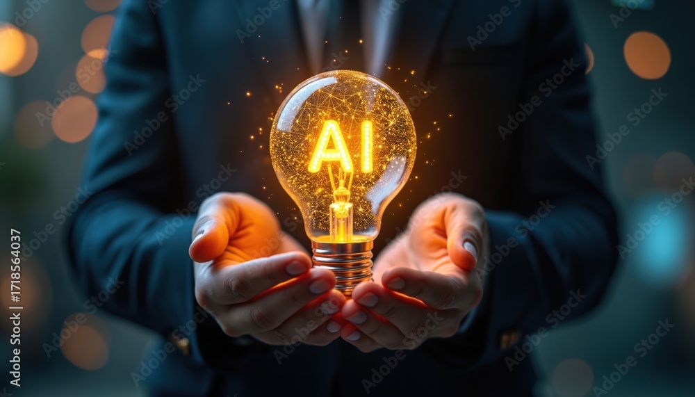 Poster business executive holds glowing ai lightbulb, future tech innovation, artificial intelligence impac