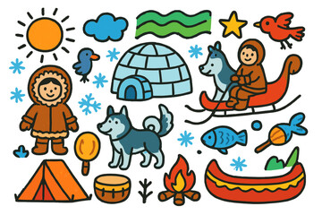 Obraz premium Inuit Life Doodles. Colorful Hand-drawn doodle Children illustration Inuit Life [igloo, sled, husky, fur coat, snowflake, fish, canoe, drum, tent, sun, cloud,