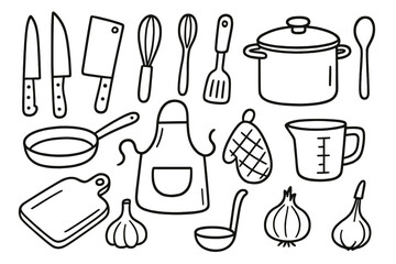 Chef's Kitchen Tools. Hand-drawn doodle illustration chef?s kitchen chef knife, steak knife, cleaver, whisk, spoon, spatula, frying pan, pot, oven mitt,