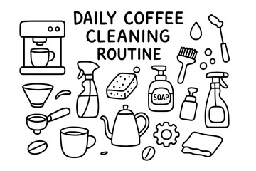 Coffee Cleaning Essentials. Hand-drawn doodle illustration Daily coffee cleaning routine espresso machine, mug, water droplet, bubbles, sponge, brush, soap