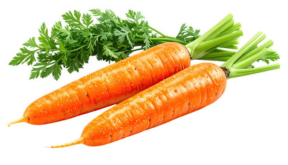 Two fresh, vibrant orange carrots, slightly wet, with sprigs of bright green parsley