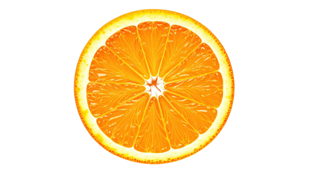 Close-up of a perfectly round orange slice.  The vibrant orange segments radiate outward from the center.  A detailed texture of the fruit is visible