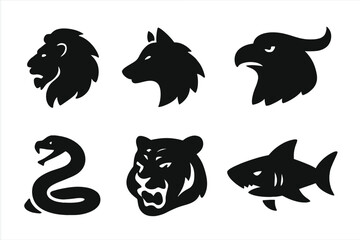 Fototapeta premium Rivalry Animals Icons. Solid, filled icon set of rivalry animals: lion, wolf, eagle, bull, snake, tiger, bear, shark. Solid, filled icons in only black color.