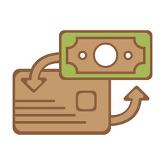 Dollar bill rotating around credit card icon symbolizing financial transactions and exchange