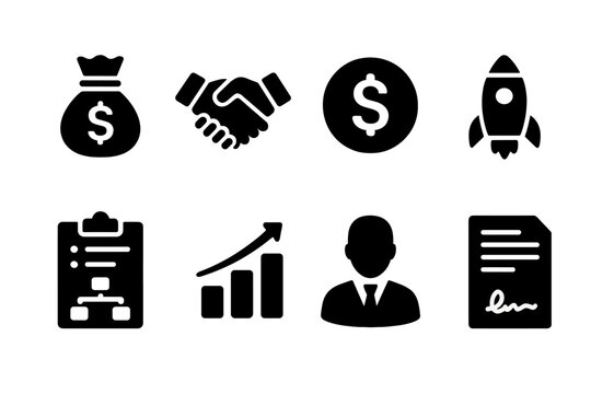 Venture Capital Icons. Solid, filled icon set of venture capital basics: investment fund, handshake, dollar sign, startup, business plan, growth chart,