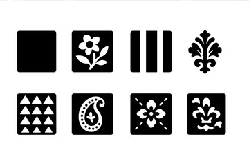 Black Velvet Icon Grid. Solid, filled icon set of velvet patterns: plain velvet, floral velvet, striped velvet, damask velvet, geometric velvet, paisley