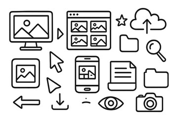 Digital Gallery Doodles. Hand-drawn doodle illustration digital gallery screen, photo icon, app window, cursor, cloud upload, star, gallery grid, smartphone,