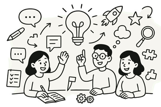 Creative Collaboration Icons. Hand-drawn doodle illustration team creativity session group of people, light bulb, speech bubble, notebook, pencil, arrows,