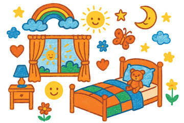 Fototapeta premium Whimsical Children's Bedroom. Colorful Hand-drawn doodle Children illustration Bedroom with Linen Curtains bed, pillow, quilt, teddy bear, window, linen