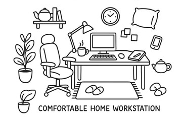 Comfortable Home Workstation. Hand-drawn doodle illustration [comfortable home workstation] [desk, ergonomic chair, cup, shelf, clock, reading lamp, sticky
