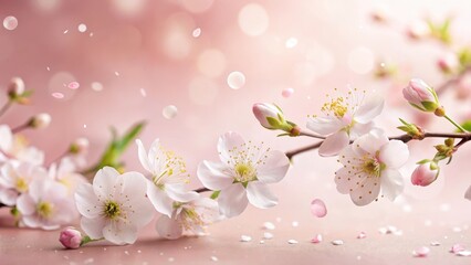 Fototapeta premium Delicate blossoms gently falling, a soft pink background, springtime floral beauty, nature's gentle grace, ethereal petals drifting, a peaceful scene