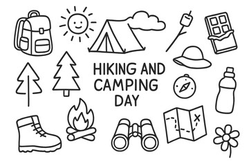 Fototapeta premium Hiking & Camping Icons. Hand-drawn doodle illustration Hiking and camping day [backpack, tent, marshmallow stick, campfire, chocolate bar, tree, sun, cloud,