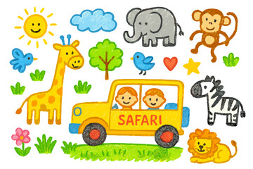 Fototapeta premium Safari Adventure Doodle. Safari park. Colorful Hand-drawn doodle Children illustration jeep, giraffe, elephant, lion, monkey, bird, tree, sun, cloud, zebra,