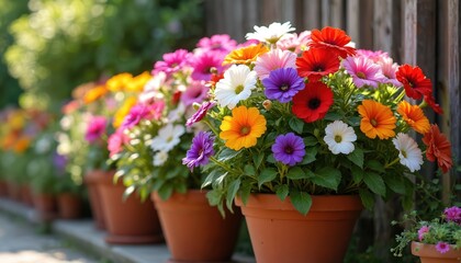 Naklejka premium Watercolor illustration captures eclectic flowerpot garden vibrant blooms. Daisies, petunias in red, white, pink, orange, yellow. Collection potted plants arranged on wood, green foliage. Spring,