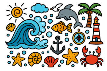 Colorful Ocean Doodles. Colorful Hand-drawn doodle Children illustration Wave patterns curling wave, foam splash, shell, starfish, bubble, fish, dolphin,