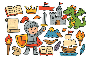 Epic Adventure Doodle. Epic poetry. Colorful Hand-drawn doodle Children illustration knight, sword, shield, castle, dragon, scroll, open book, crown, fire,